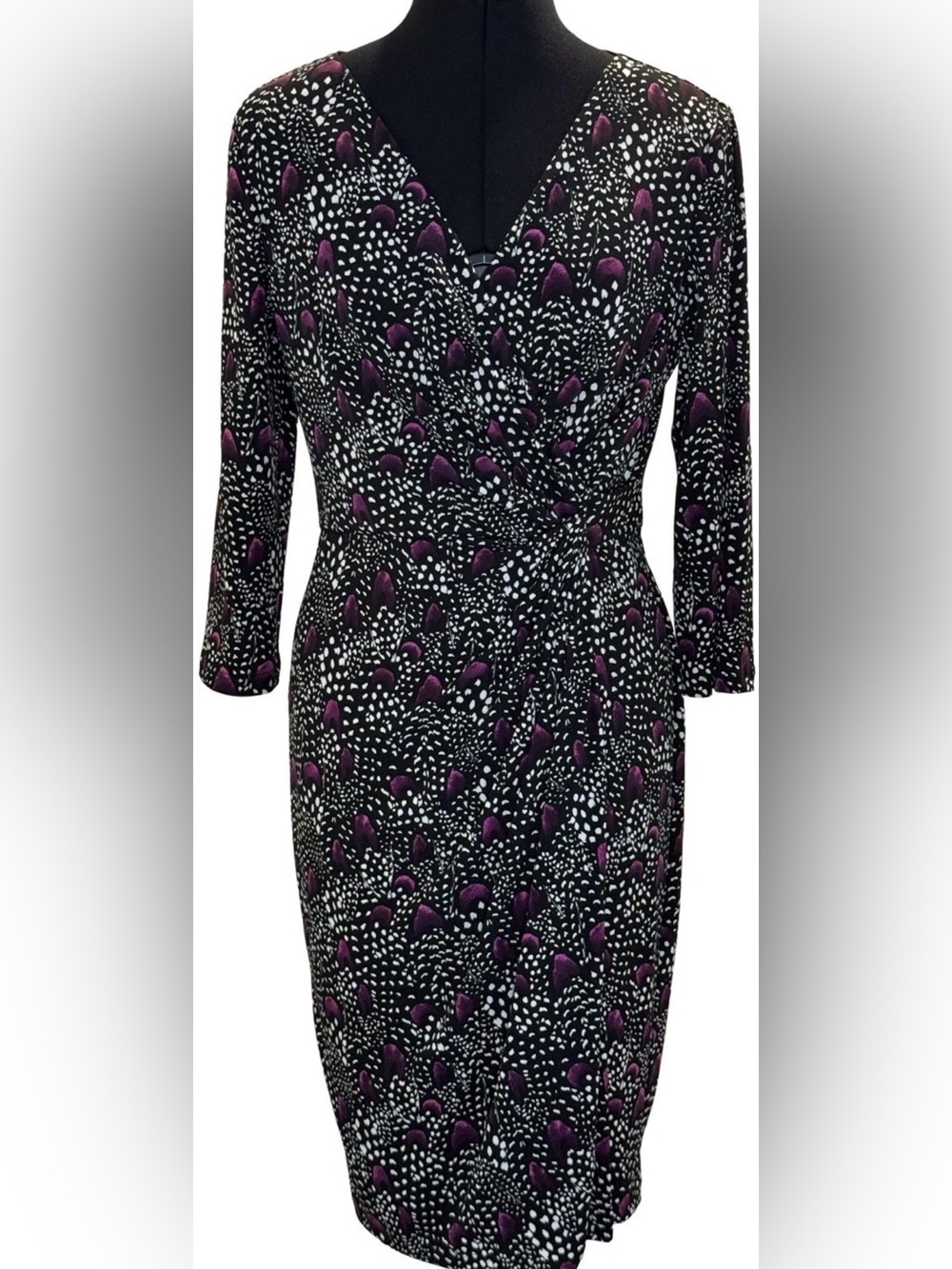 White House Black Market Long Sleeve Black Purple White Mulit-Print Dress Size 8